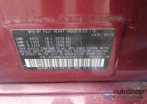 2013 Subaru Legacy 2.5I Premium из США, поврежденный, VIN 4S3BMBC60D3045131